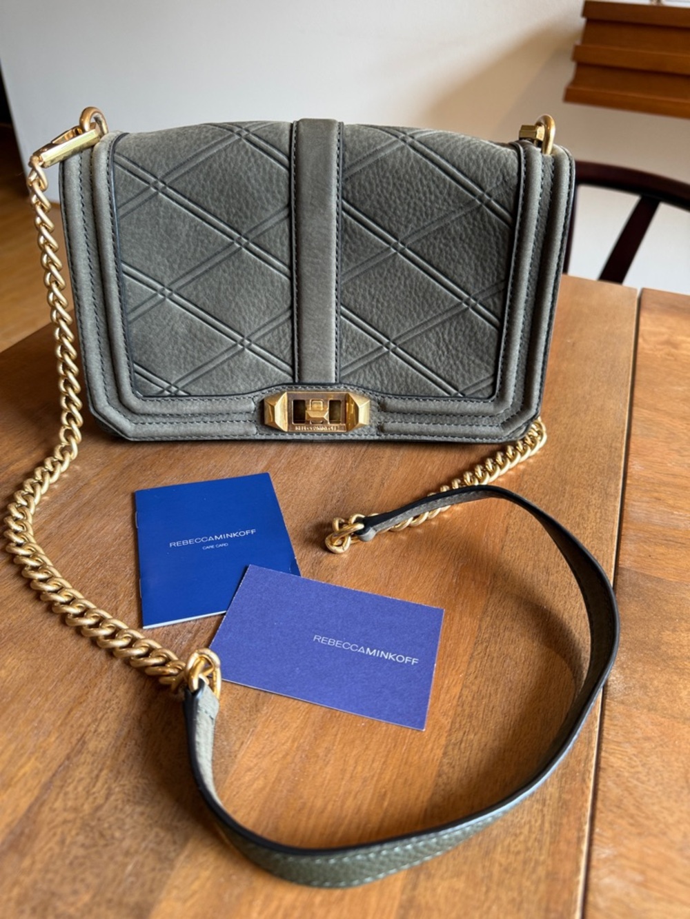 Rebecca Minkoff Sage Quilted Suede Crossbody with Gold Chain Strap